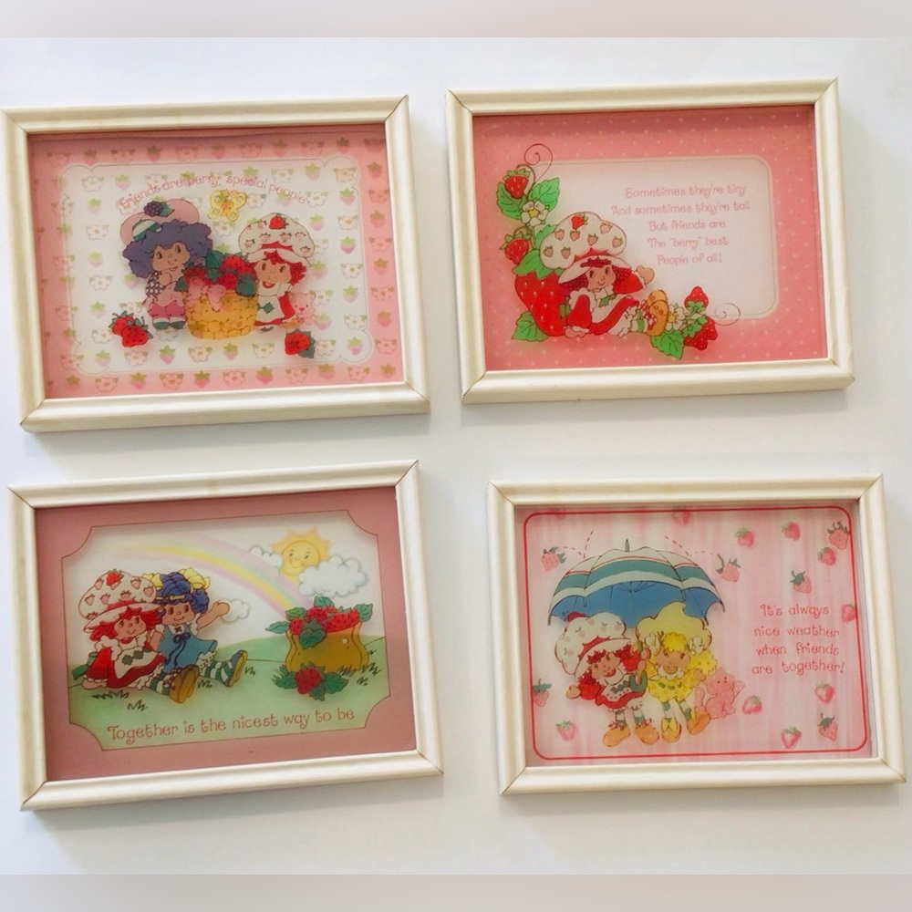 Set 4 Vintage 1980 Strawberry Shortcake American Greetings Framed 3D Picture Art